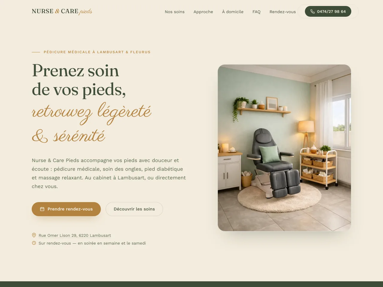 Page d’accueil du site Nurse & Care Pieds, cabinet de pédicure médicale